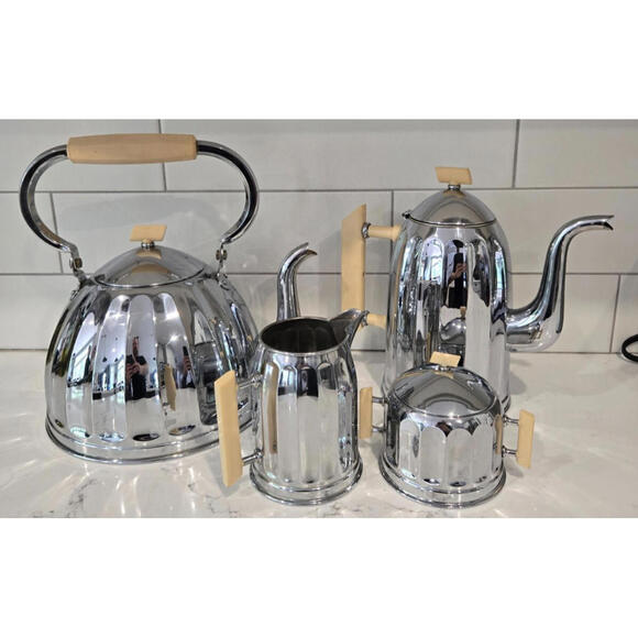 Tea Set Demeyere art deco chromed metal phenolic handled Coffee Pot Cream Sugar - Picture 9 of 10